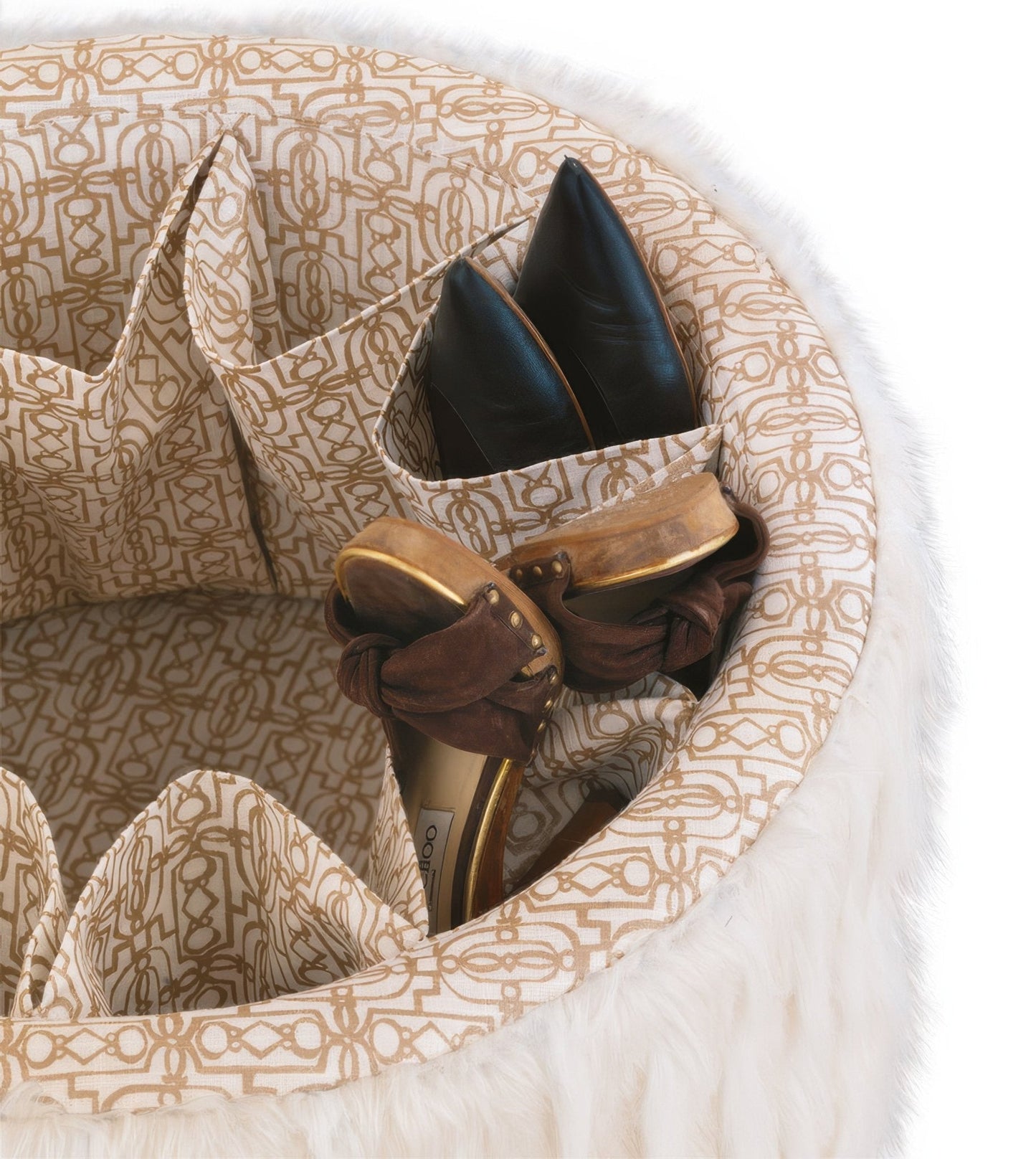 Pouf de rangement pour chaussures en fausse fourrure
