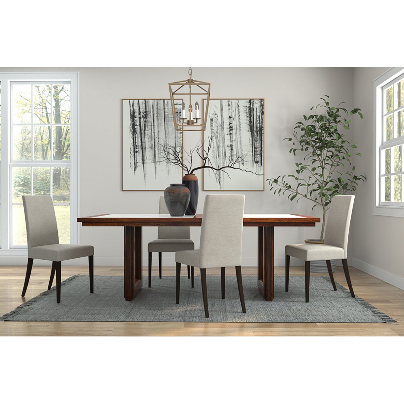 Table à manger moderne avec plateau en marbre géométrique