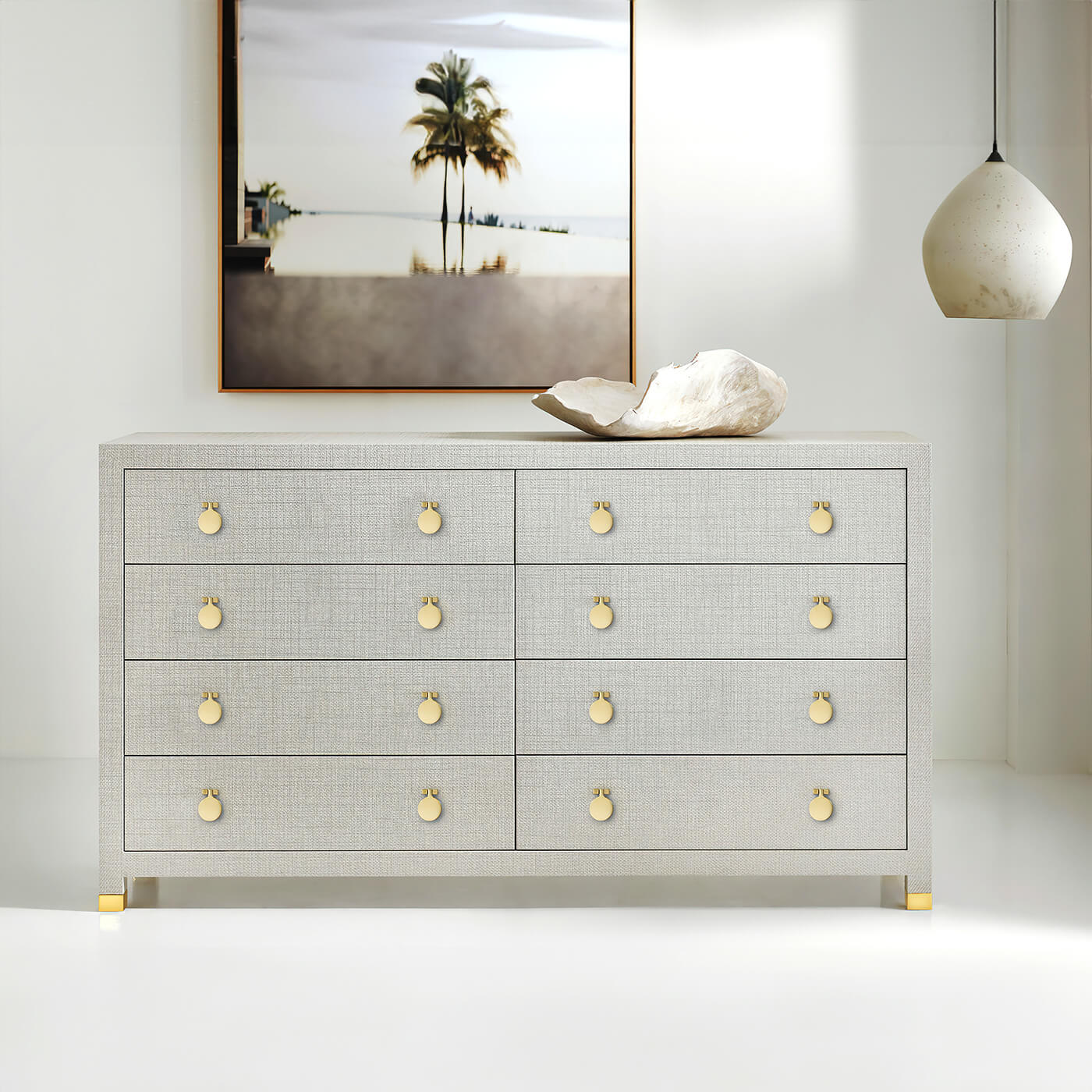 Commode moderne à huit tiroirs en tissu gris clair