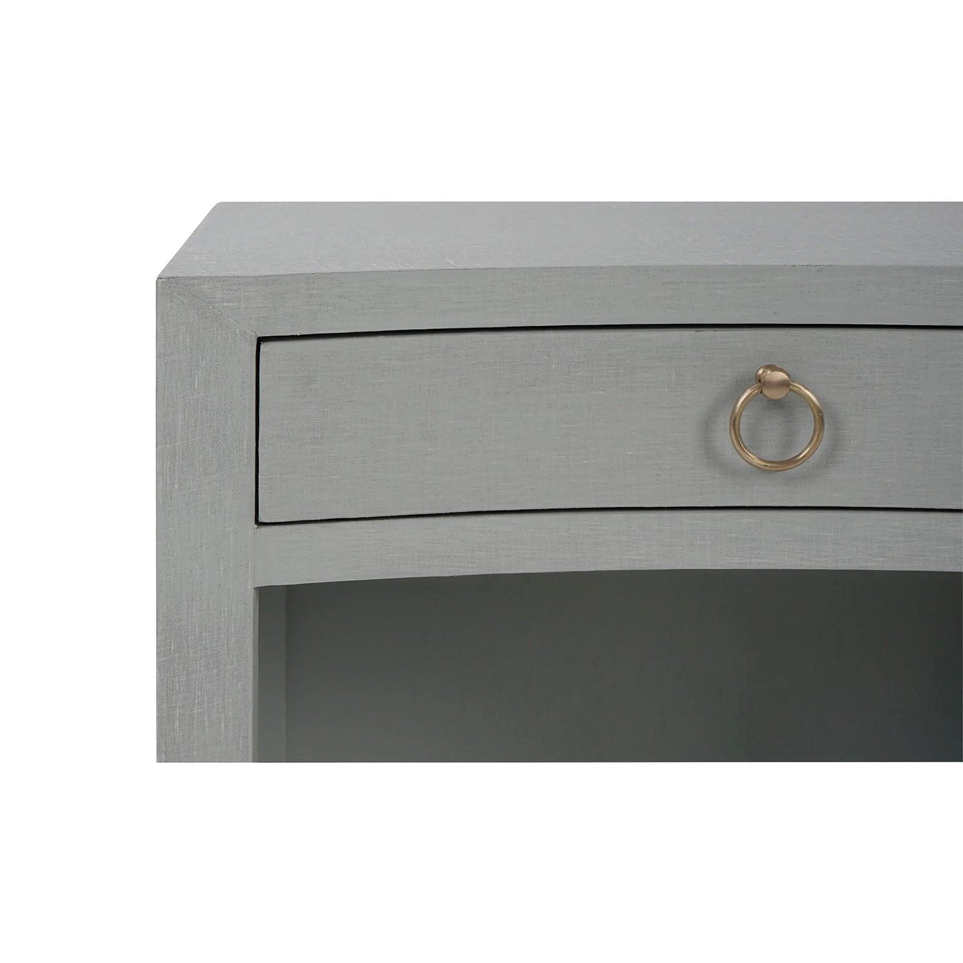 Table de chevet enveloppée de lin bleu pâle