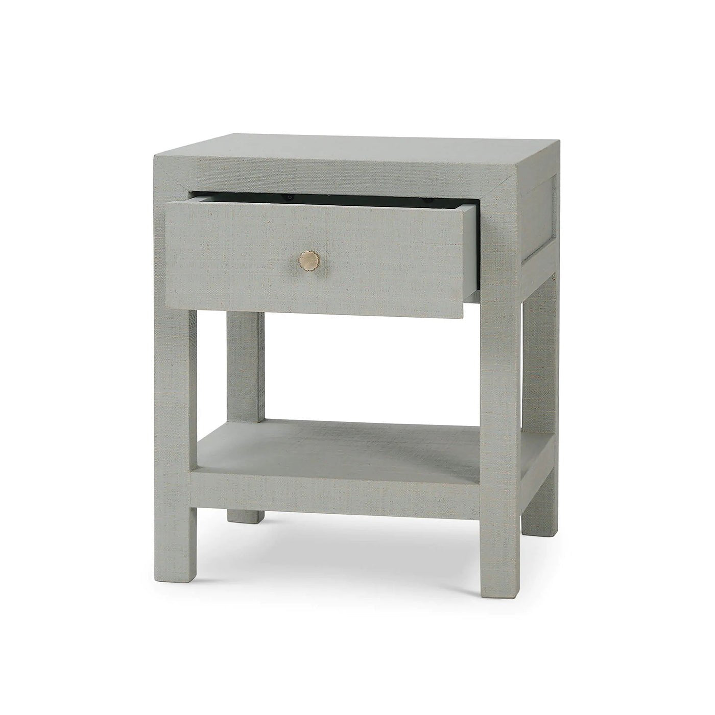 Table de chevet enveloppée de raphia bleu pâle