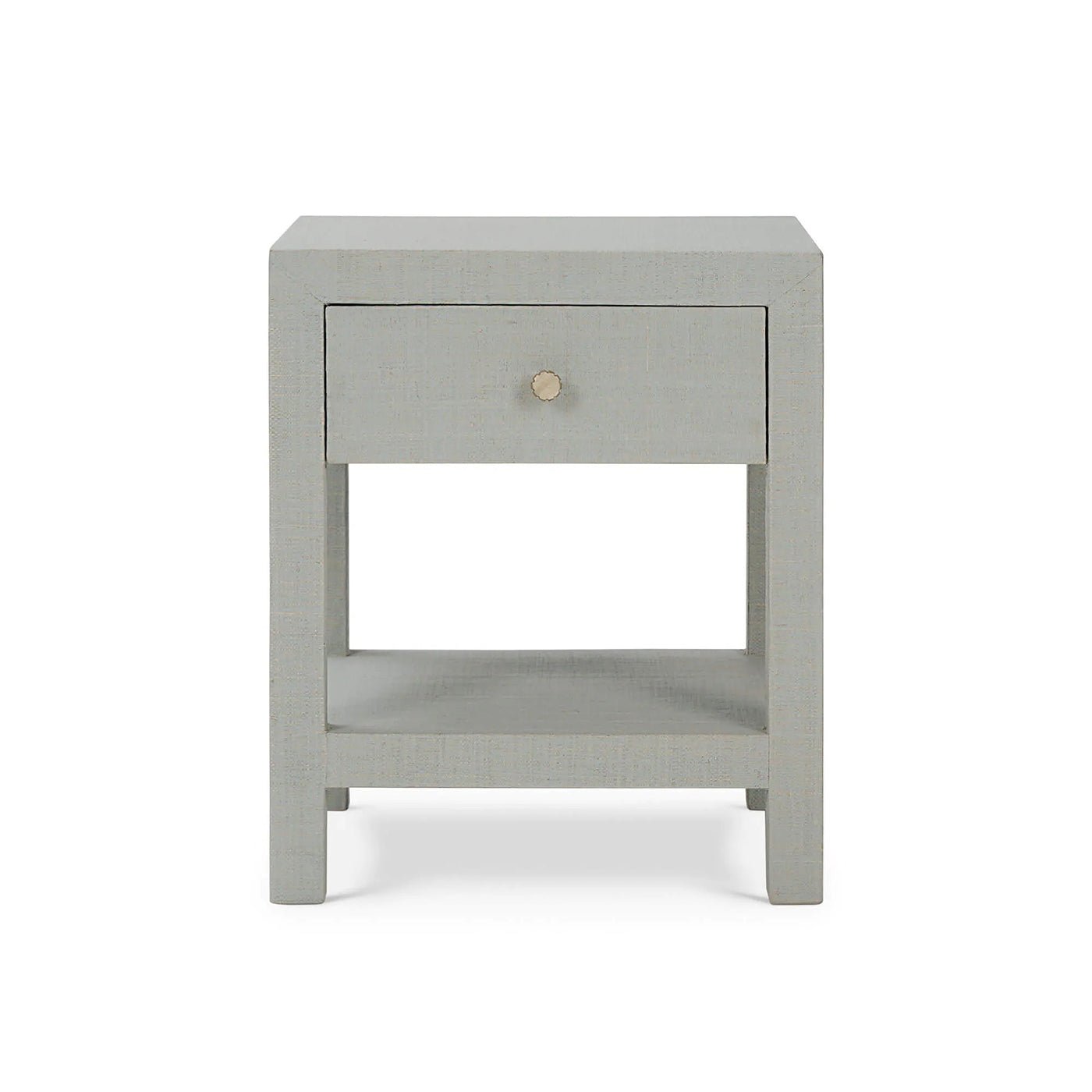 Table de chevet enveloppée de raphia bleu pâle