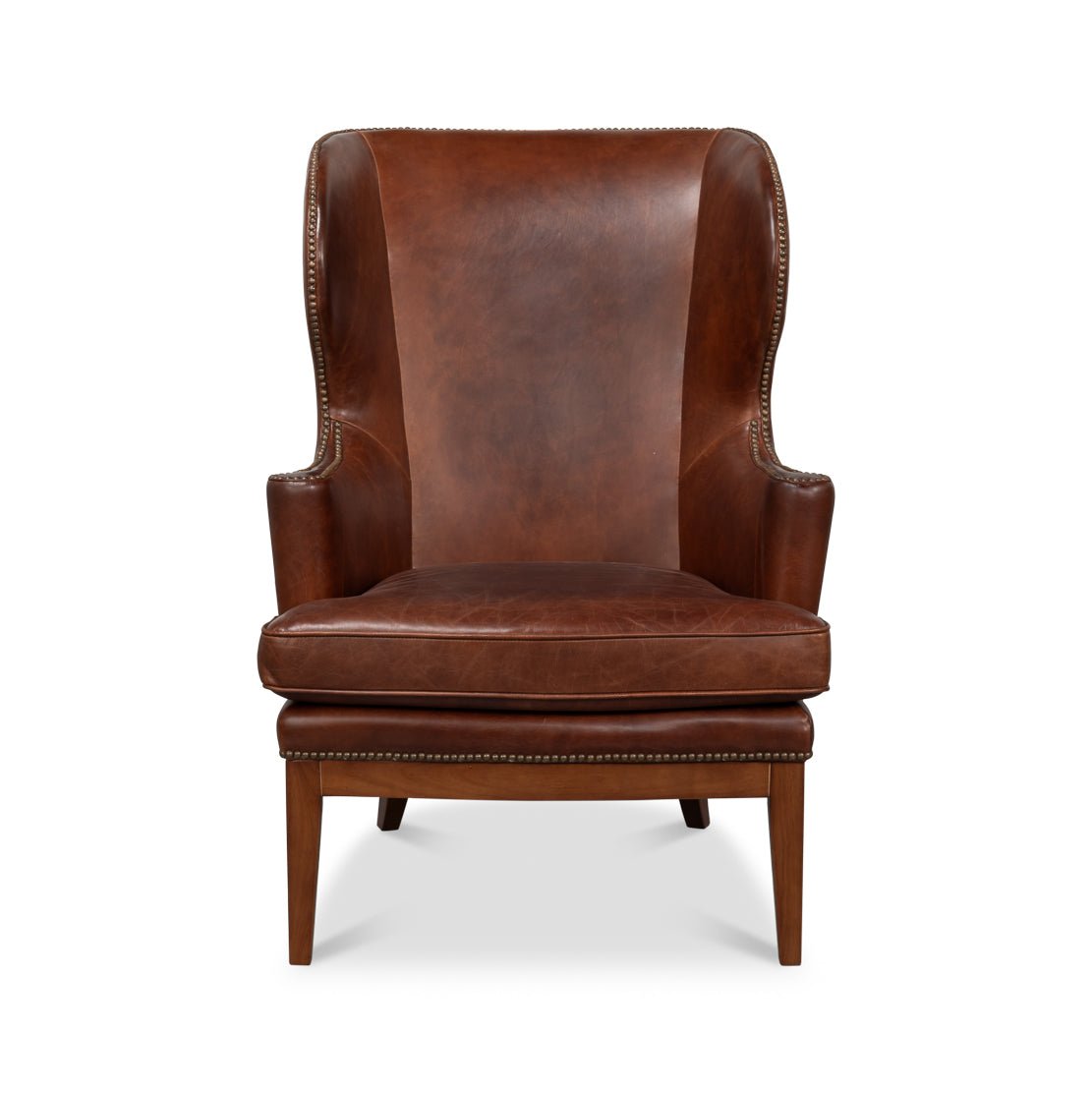 Transitional Brown Leather Wing Chair