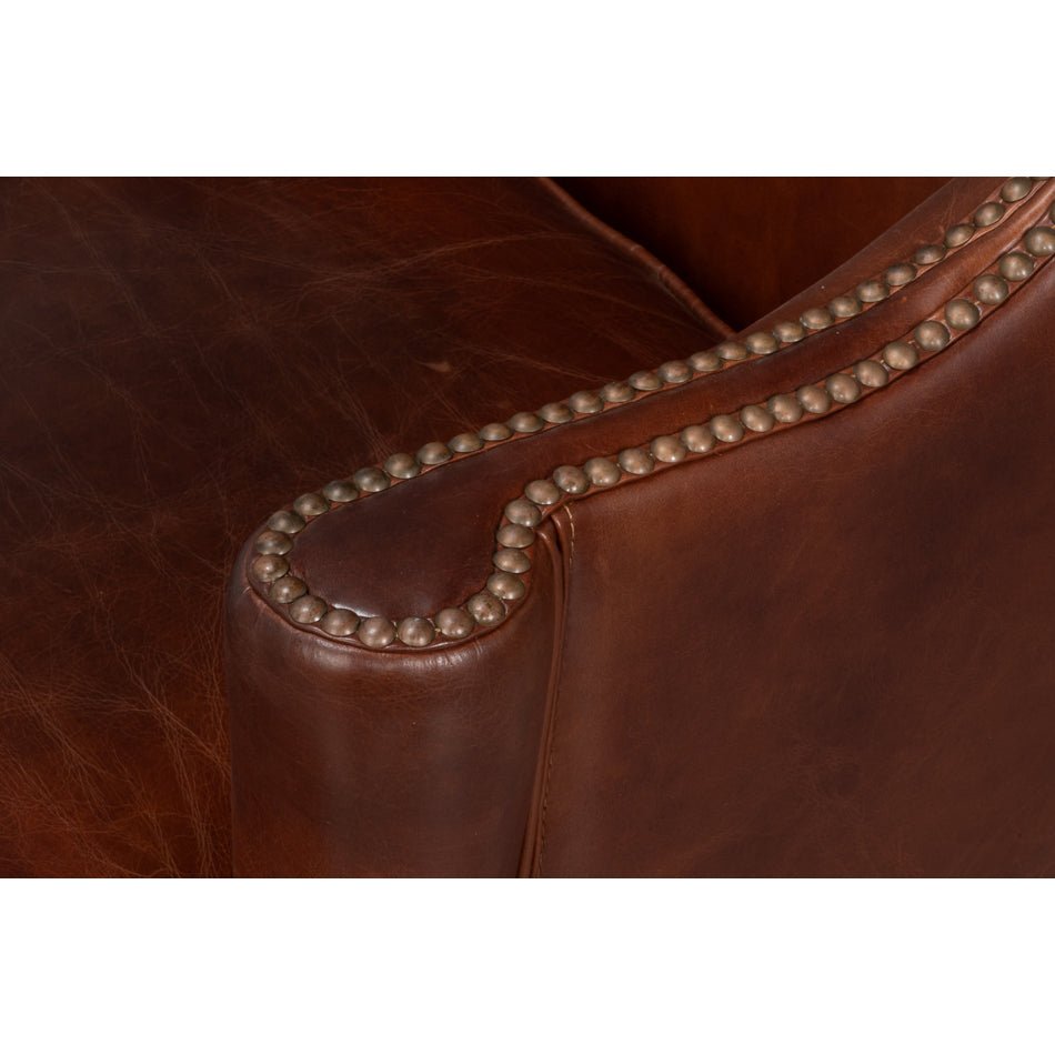 Transitional Brown Leather Wing Chair