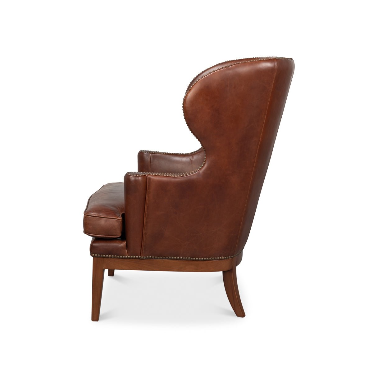 Transitional Brown Leather Wing Chair