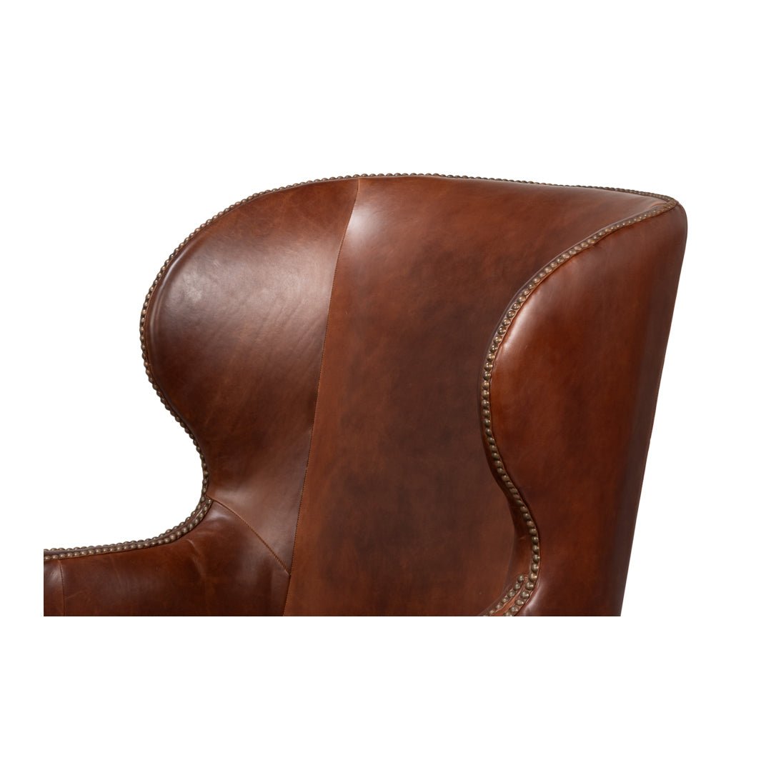 Transitional Brown Leather Wing Chair