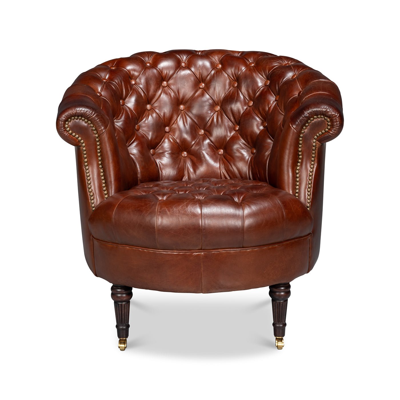 Chaise à dossier tonneau en cuir marron