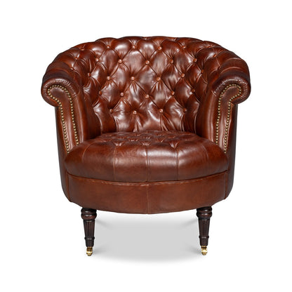 Chaise à dossier tonneau en cuir marron