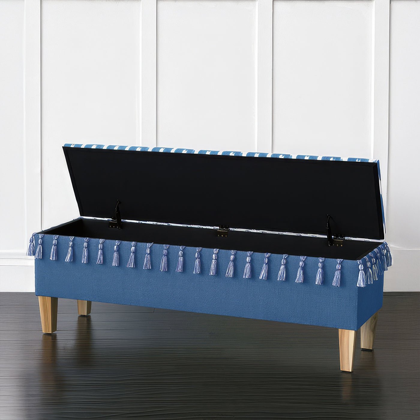 Banc de rangement rembourré bleu côtier
