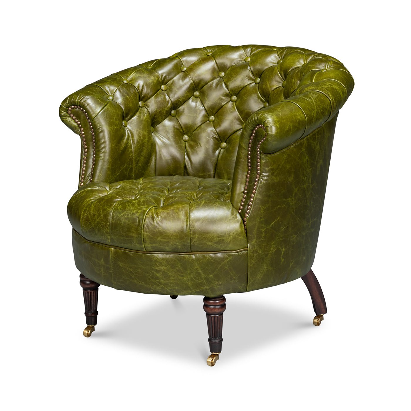 Chaise à dossier tonneau en cuir vert