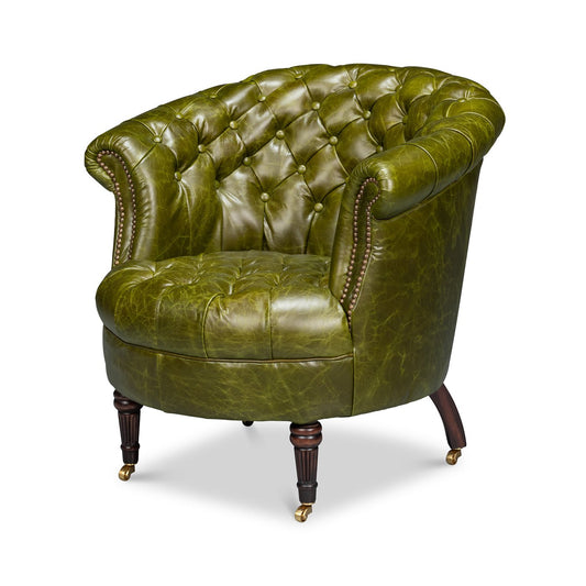 Chaise à dossier tonneau en cuir vert