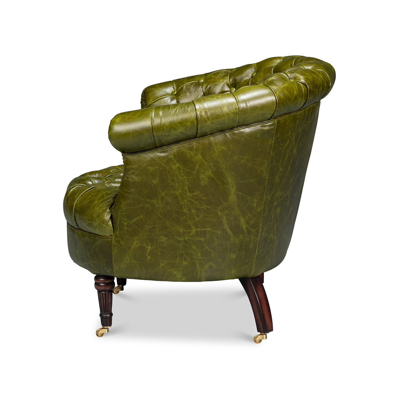 Chaise à dossier tonneau en cuir vert