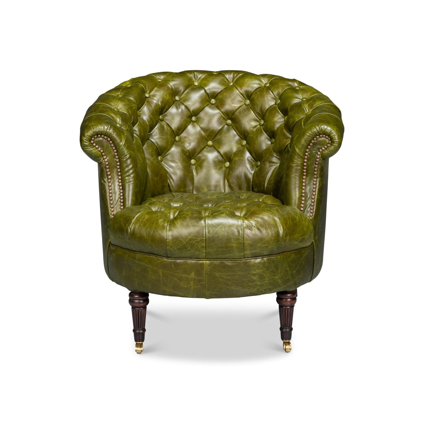 Chaise à dossier tonneau en cuir vert