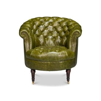 Chaise à dossier tonneau en cuir vert