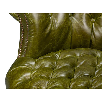 Chaise à dossier tonneau en cuir vert