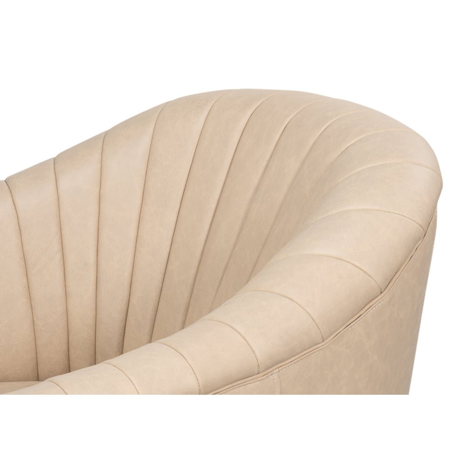 Ivory Leather Channel Tufted Swivel Chair