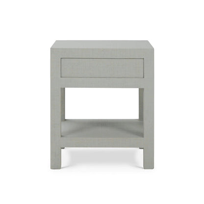 Table de chevet enveloppée de raphia bleu pâle
