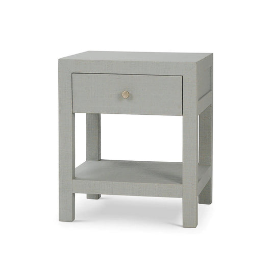 Table de chevet enveloppée de raphia bleu pâle