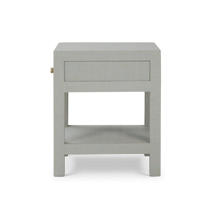 Table de chevet enveloppée de raphia bleu pâle